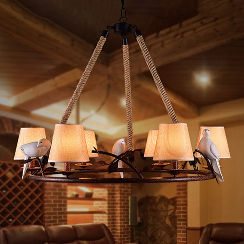 Beige kroonluchter met 6 lampen, traditionele stoffen wagenwiel-hanglamp met kegelvormige kap Clearhalo