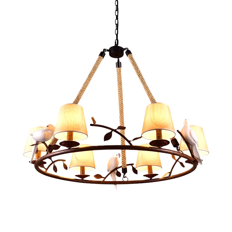 Beige kroonluchter met 6 lampen, traditionele stoffen wagenwiel-hanglamp met kegelvormige kap Clearhalo