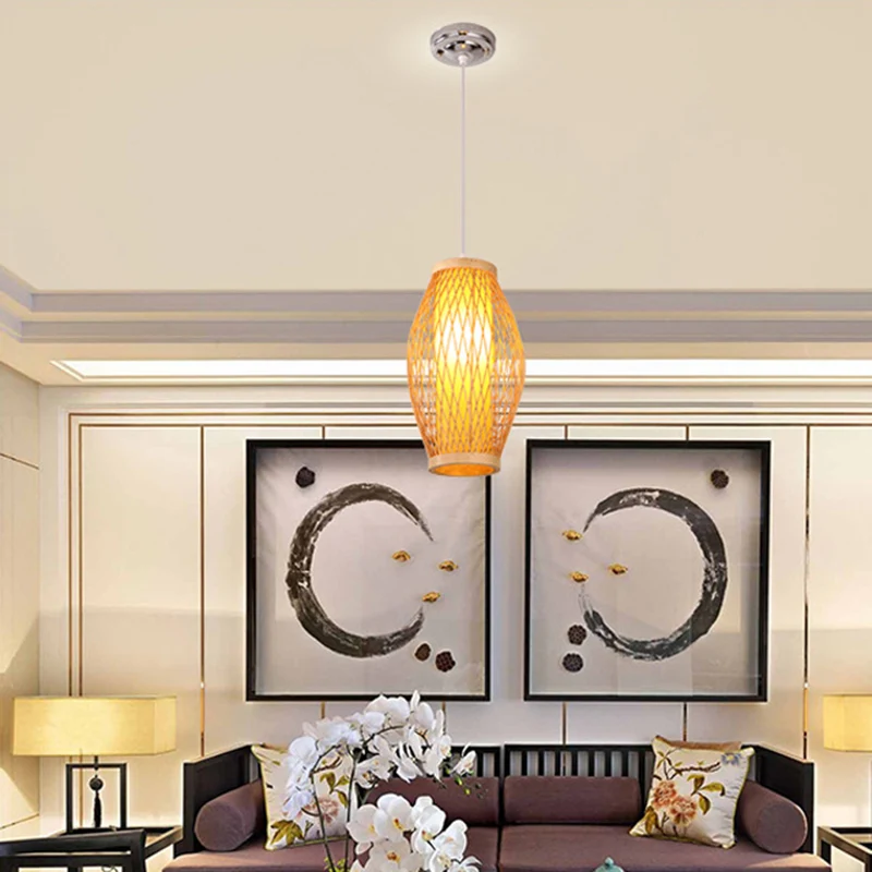 Beige kruisgeweven hangende hanglamp met ovale kap Moderne bamboe hanglamp met 1 kop, 6"/9" breed Clearhalo