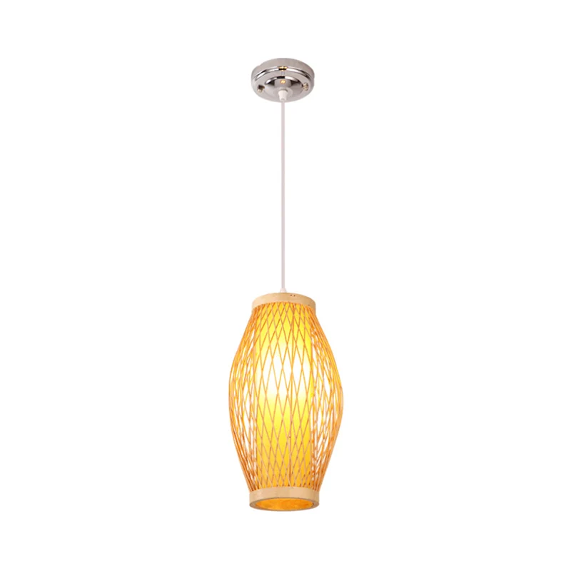 Beige kruisgeweven hangende hanglamp met ovale kap Moderne bamboe hanglamp met 1 kop, 6"/9" breed Clearhalo