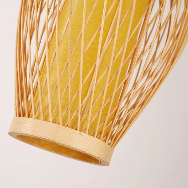 Beige kruisgeweven hangende hanglamp met ovale kap Moderne bamboe hanglamp met 1 kop, 6"/9" breed Clearhalo