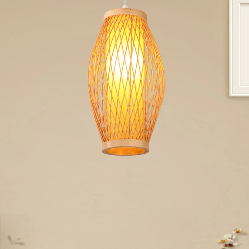 Beige kruisgeweven hangende hanglamp met ovale kap Moderne bamboe hanglamp met 1 kop, 6"/9" breed Clearhalo