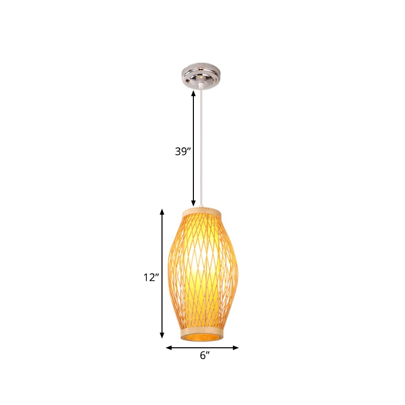 Beige kruisgeweven hangende hanglamp met ovale kap Moderne bamboe hanglamp met 1 kop, 6"/9" breed Clearhalo