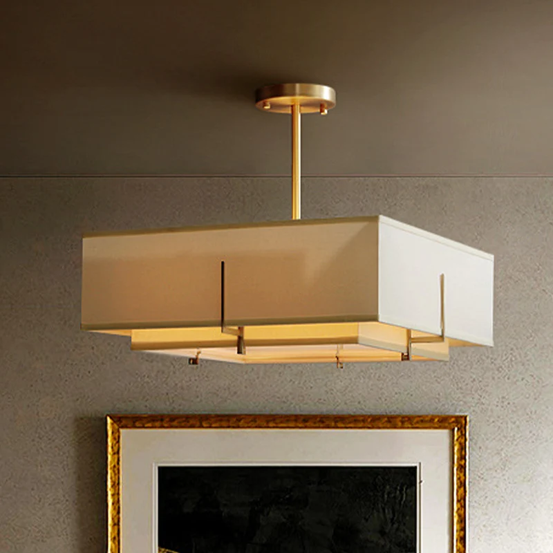 Beige 4 lampen hangende kroonluchter kolonialisme stof vierkante hangende lamp voor woonkamer Clearhalo