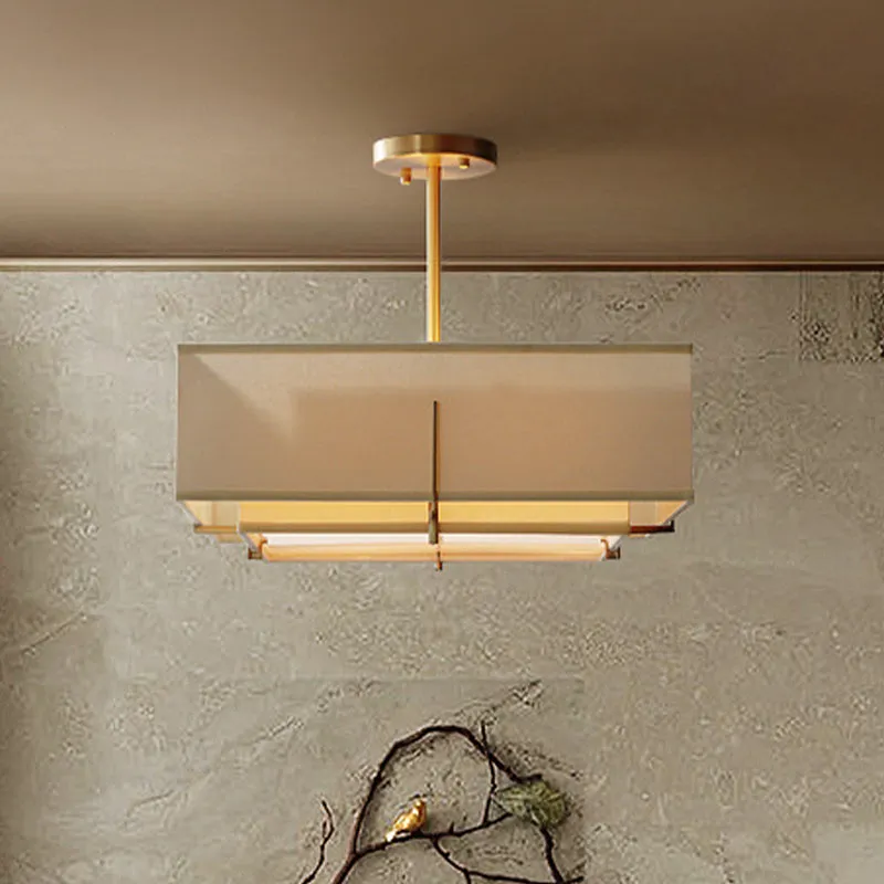 Beige 4 lampen hangende kroonluchter kolonialisme stof vierkante hangende lamp voor woonkamer Clearhalo