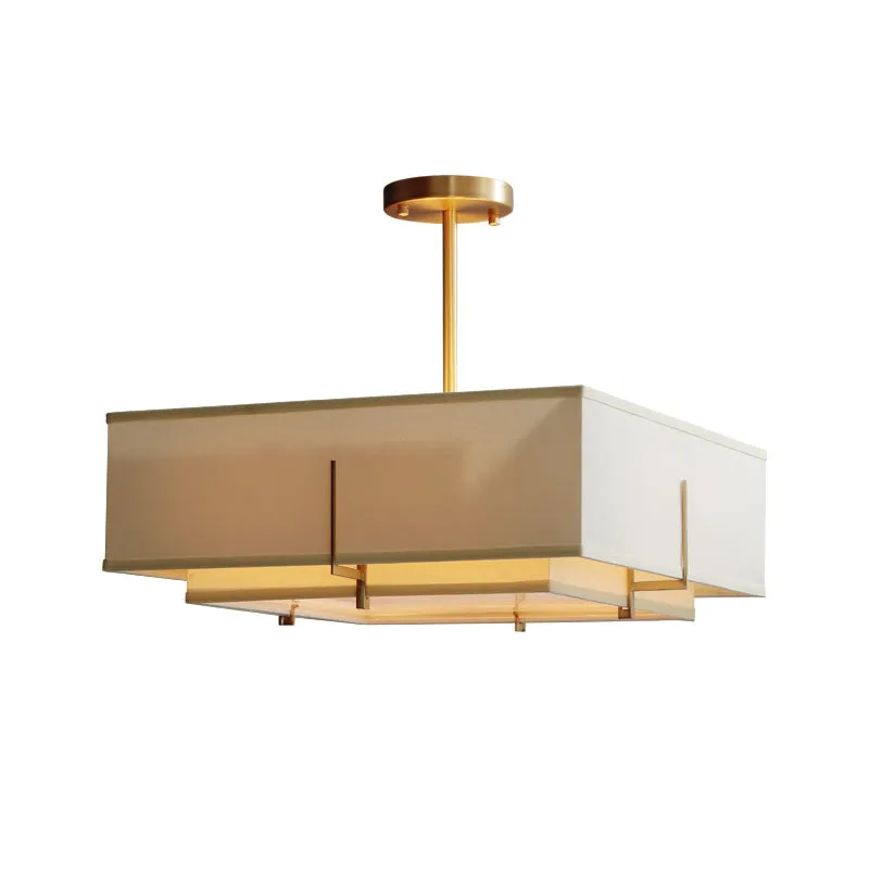 Beige 4 lampen hangende kroonluchter kolonialisme stof vierkante hangende lamp voor woonkamer Clearhalo