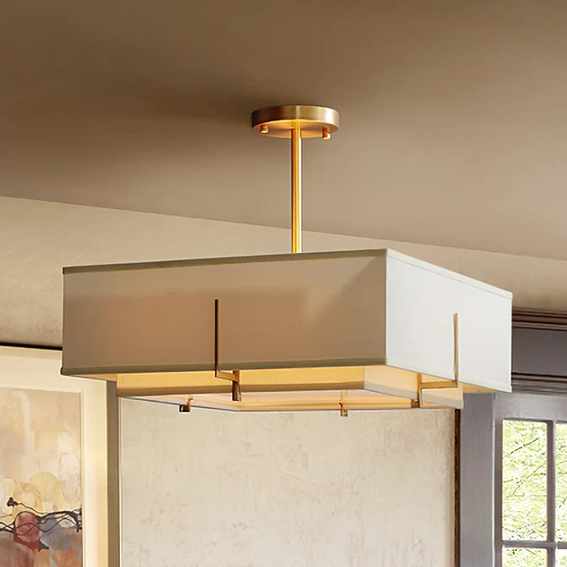 Beige 4 lampen hangende kroonluchter kolonialisme stof vierkante hangende lamp voor woonkamer Clearhalo