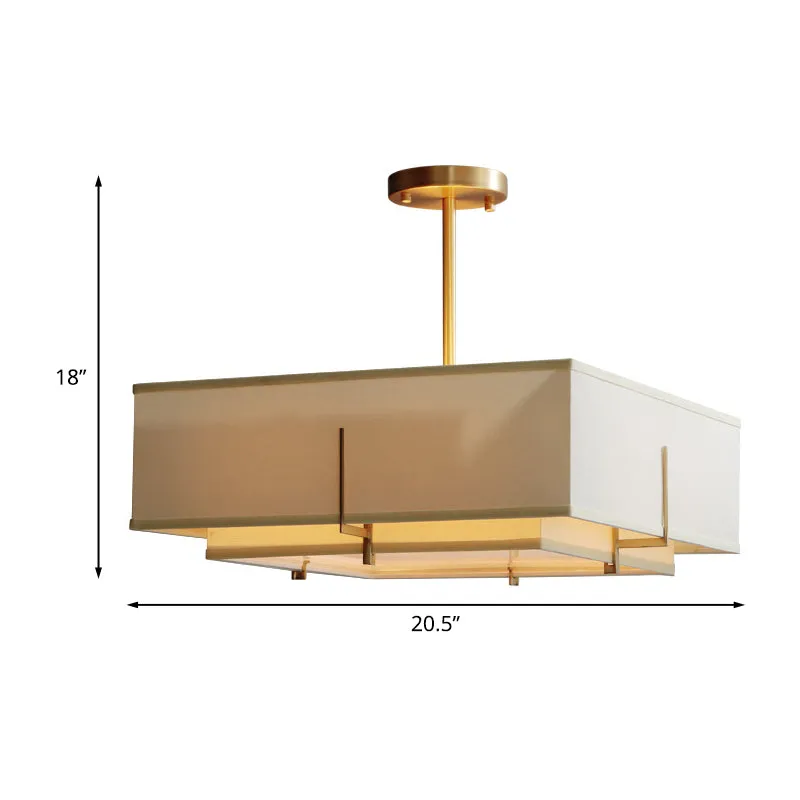 Beige 4 lampen hangende kroonluchter kolonialisme stof vierkante hangende lamp voor woonkamer Clearhalo