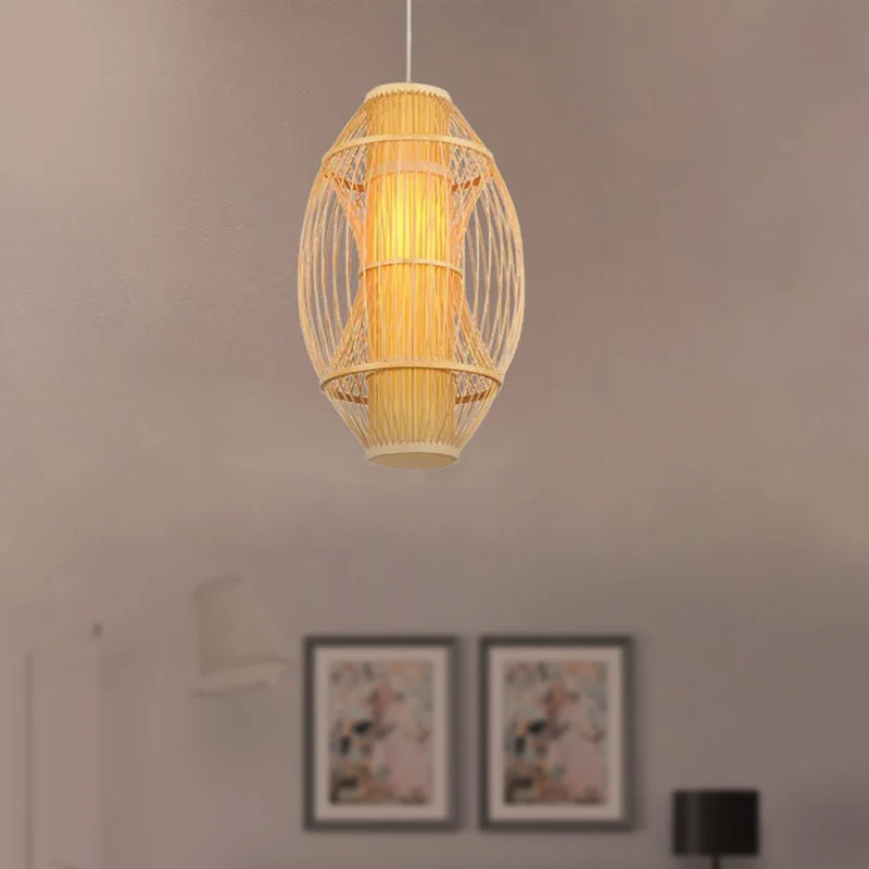 Beige langwerpige kap hangende hanglamp eigentijds 1-kops bamboe hanglamp voor keuken Clearhalo