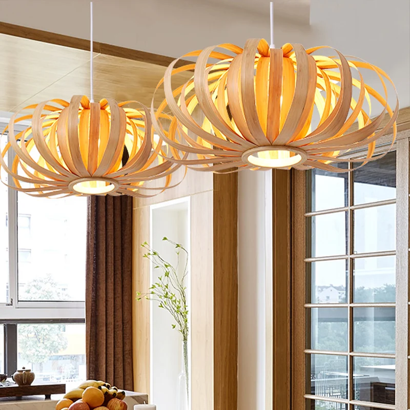 Beige Pompoen Hanglamp Chinees 1 Kop Houten Hanglamp voor Restaurant Clearhalo
