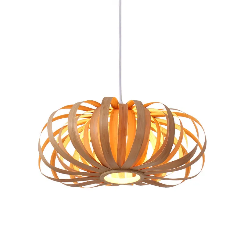 Beige Pompoen Hanglamp Chinees 1 Kop Houten Hanglamp voor Restaurant Clearhalo