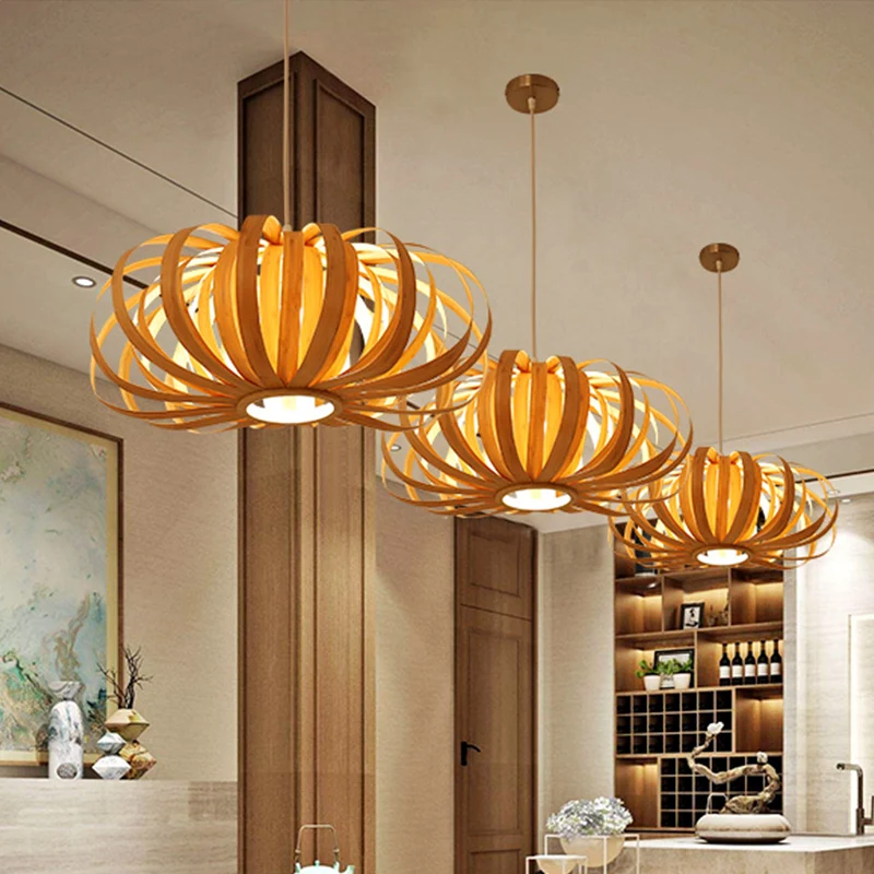 Beige Pompoen Hanglamp Chinees 1 Kop Houten Hanglamp voor Restaurant Clearhalo