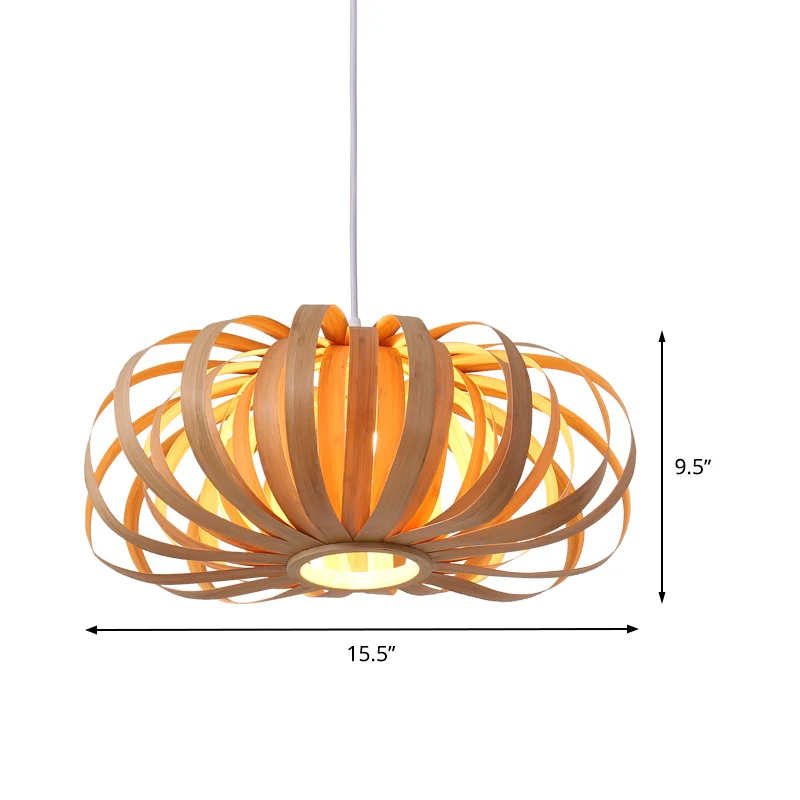 Beige Pompoen Hanglamp Chinees 1 Kop Houten Hanglamp voor Restaurant Clearhalo