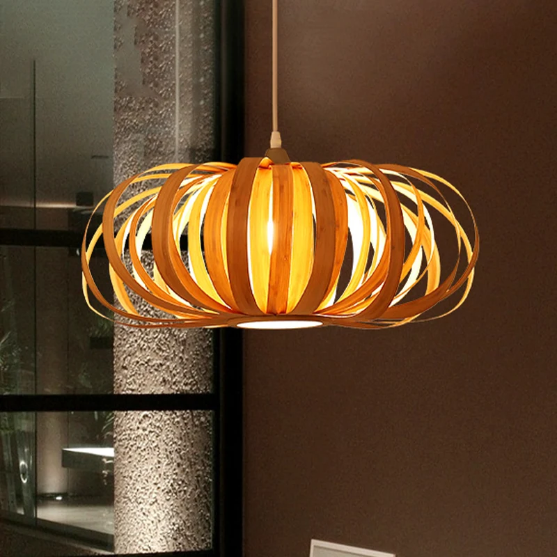 Beige Pompoen Hanglamp Chinees 1 Kop Houten Hanglamp voor Restaurant Clearhalo