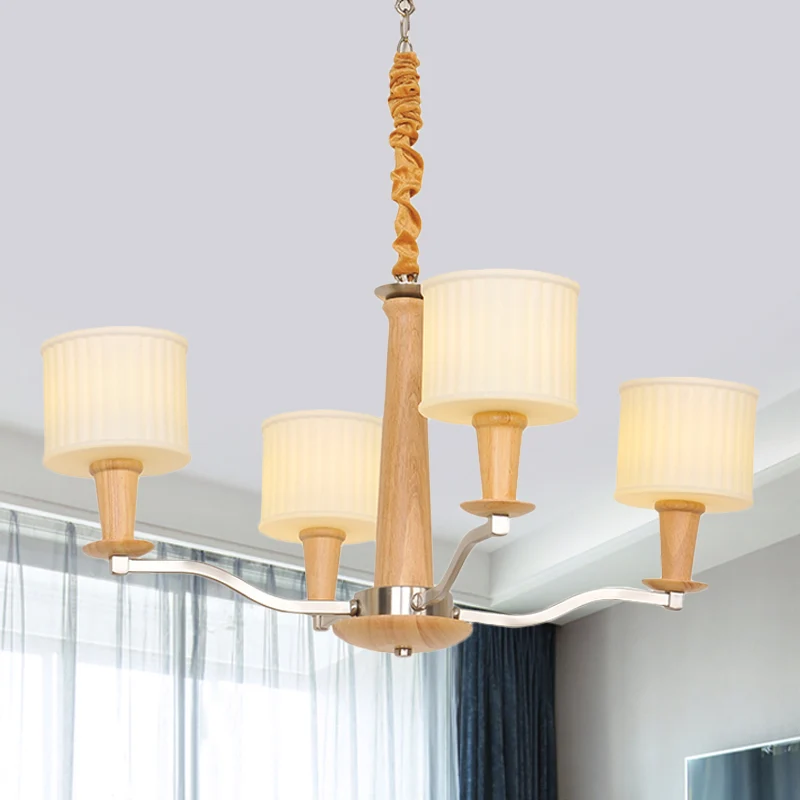 Beige radiaal plafondkroonluchter modernistisch 4-koppig houten hangend lichtarmatuur met trommelcrème glazen kap Clearhalo