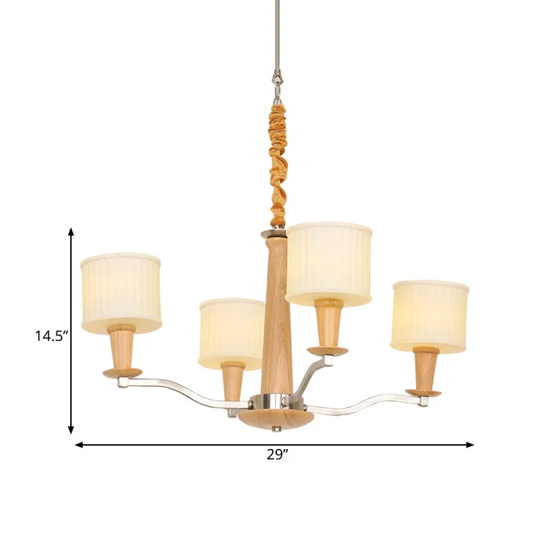 Beige radiaal plafondkroonluchter modernistisch 4-koppig houten hangend lichtarmatuur met trommelcrème glazen kap Clearhalo