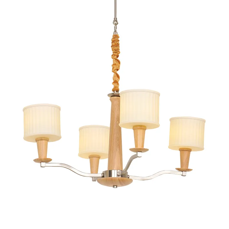 Beige radiaal plafondkroonluchter modernistisch 4-koppig houten hangend lichtarmatuur met trommelcrème glazen kap Clearhalo