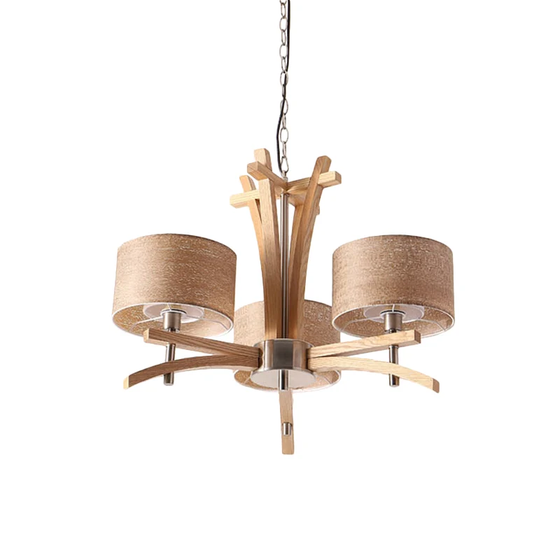 Beige radiaal plafondkroonluchter modernistische 3/6 lichts houten hangende hanglamp met kap Clearhalo