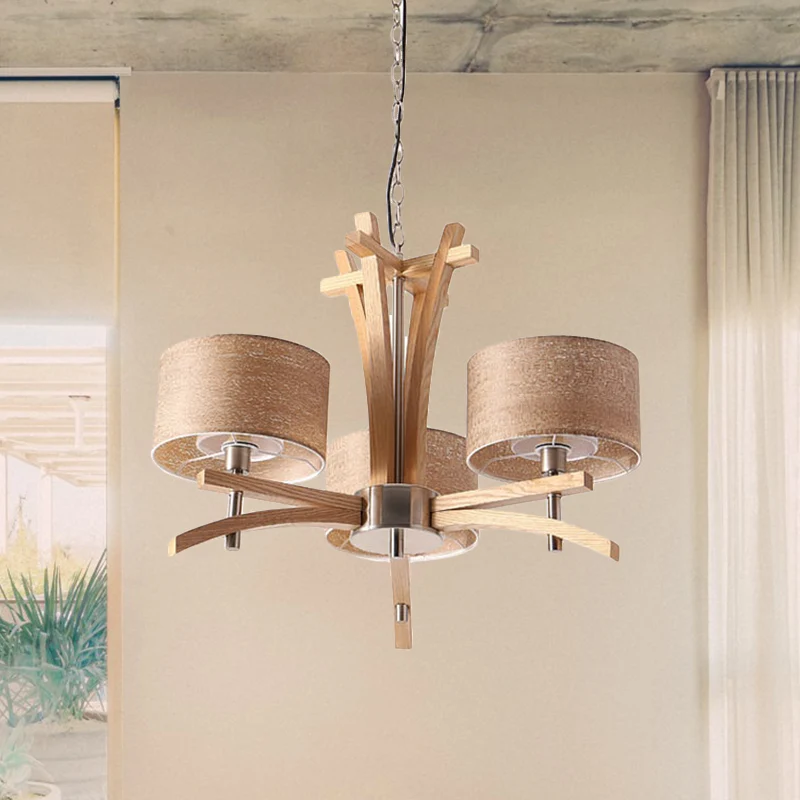 Beige radiaal plafondkroonluchter modernistische 3/6 lichts houten hangende hanglamp met kap Clearhalo