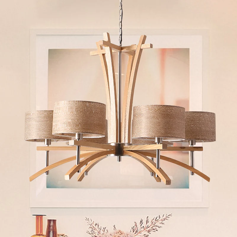 Beige radiaal plafondkroonluchter modernistische 3/6 lichts houten hangende hanglamp met kap Clearhalo