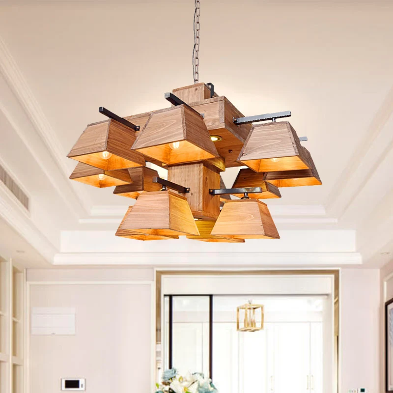 Beige trapezium eiland kroonluchter fabriek hout 3/4/12 lampen eetkamer hanglamp Clearhalo