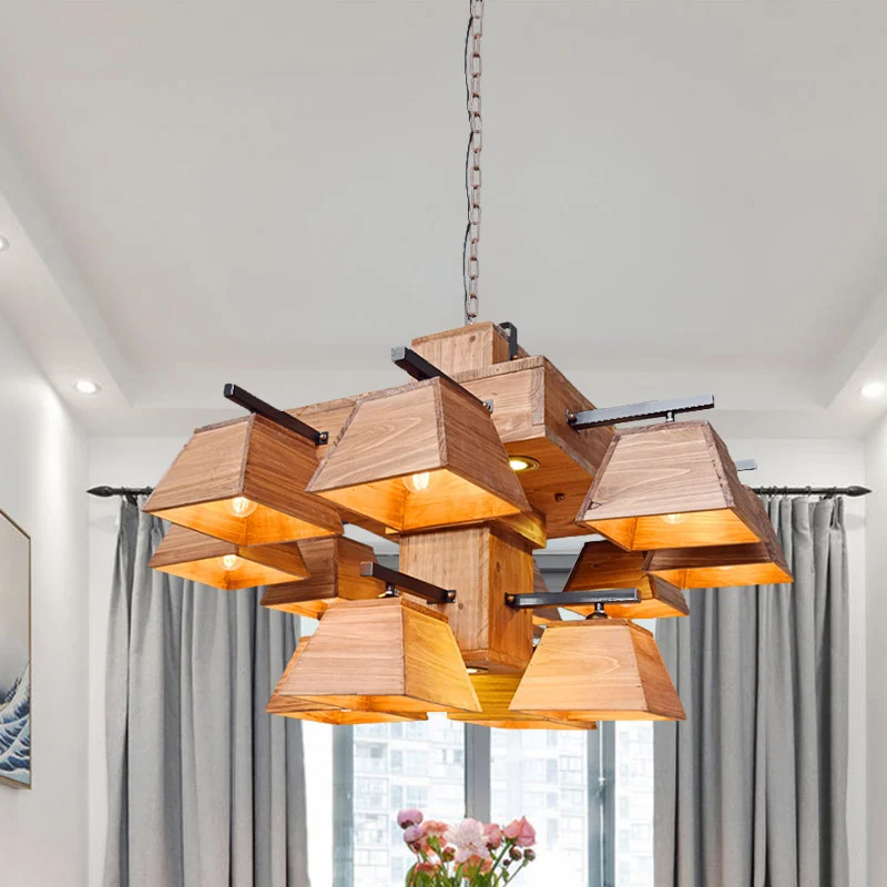 Beige trapezium eiland kroonluchter fabriek hout 3/4/12 lampen eetkamer hanglamp Clearhalo