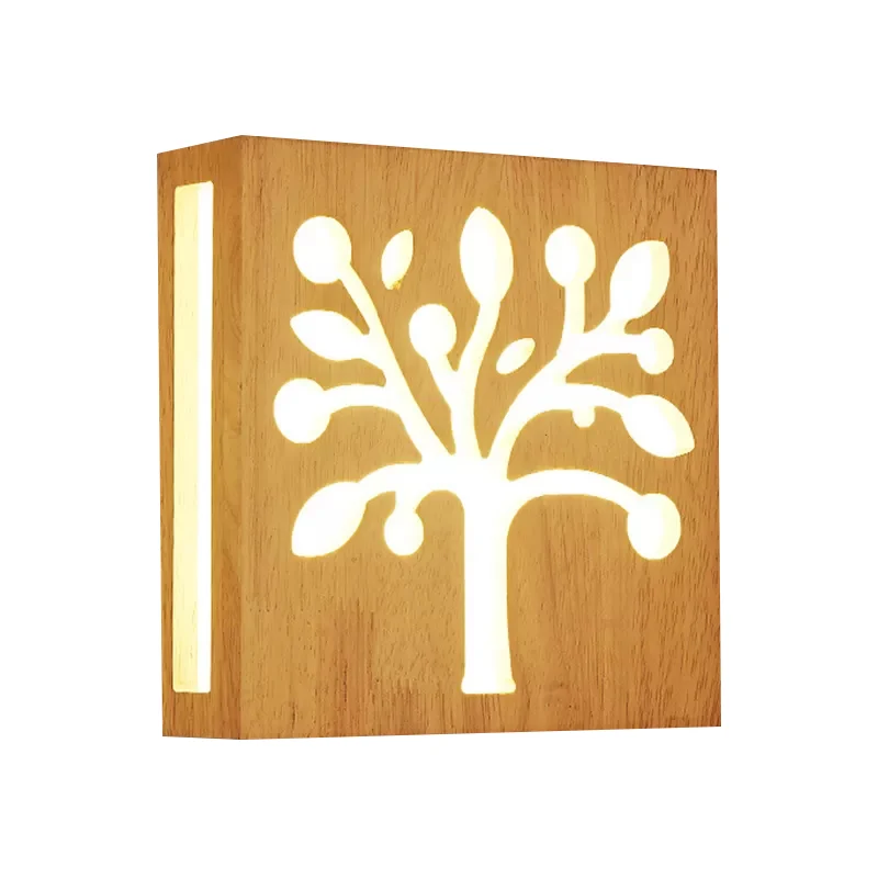 Beige vierkante schanslamp met boom Kinderhouten wandlamp met warme verlichting voor kinderslaapkamer Clearhalo