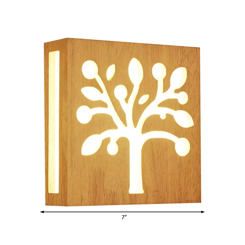 Beige vierkante schanslamp met boom Kinderhouten wandlamp met warme verlichting voor kinderslaapkamer Clearhalo