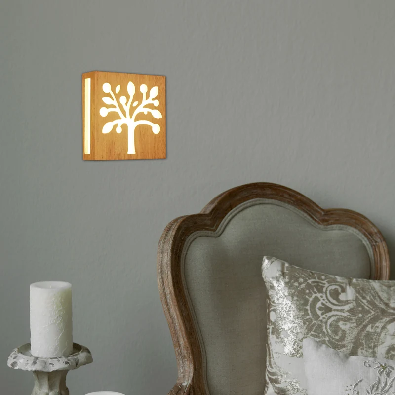 Beige vierkante schanslamp met boom Kinderhouten wandlamp met warme verlichting voor kinderslaapkamer Clearhalo