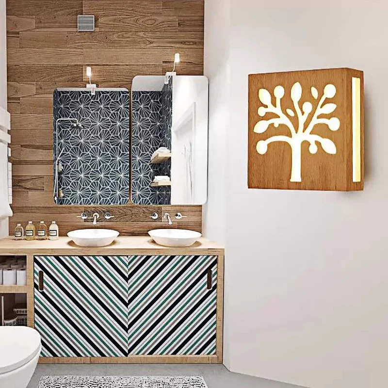 Beige vierkante schanslamp met boom Kinderhouten wandlamp met warme verlichting voor kinderslaapkamer Clearhalo