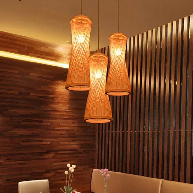 Beige zandloper hanglamp set rustiek 3-kops bamboe latten meerdere plafondlampen Clearhalo