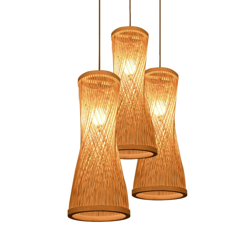 Beige zandloper hanglamp set rustiek 3-kops bamboe latten meerdere plafondlampen Clearhalo