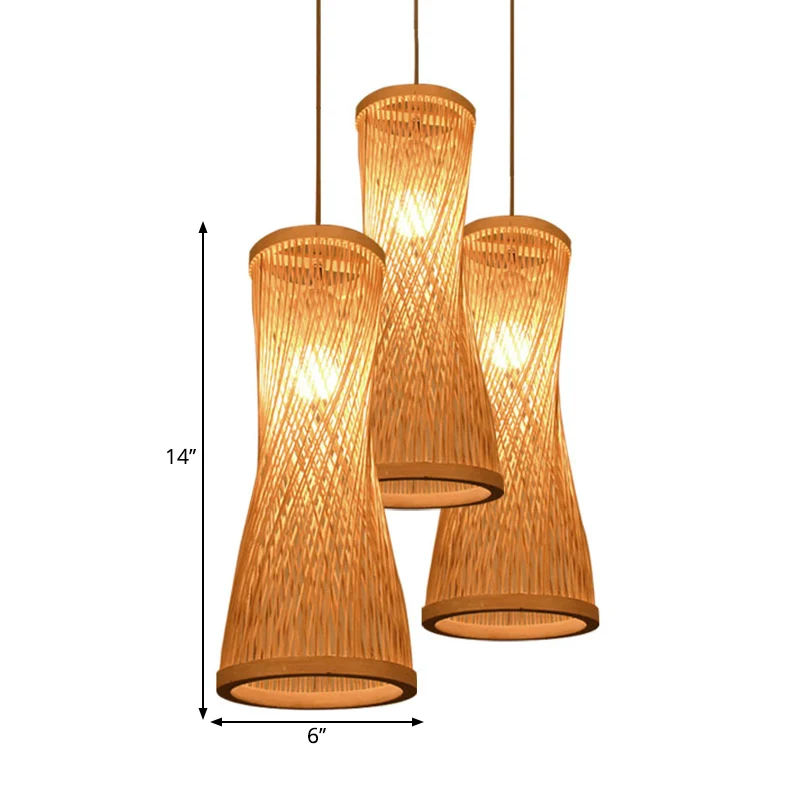 Beige zandloper hanglamp set rustiek 3-kops bamboe latten meerdere plafondlampen Clearhalo