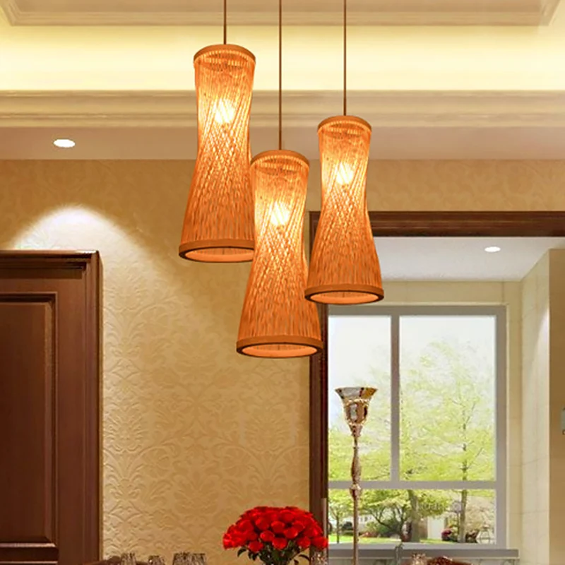 Beige zandloper hanglamp set rustiek 3-kops bamboe latten meerdere plafondlampen Clearhalo