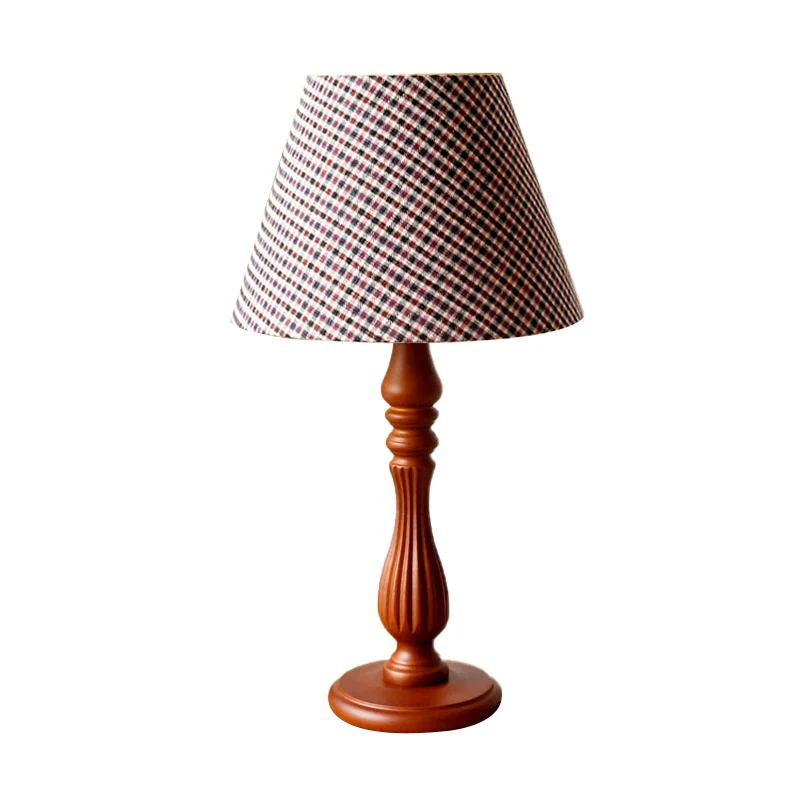 Beige/bruine/donkerblauwe tonvormige bureaulamp, traditionele stof, 1-lichte slaapkamerleeslamp met houten voet Clearhalo