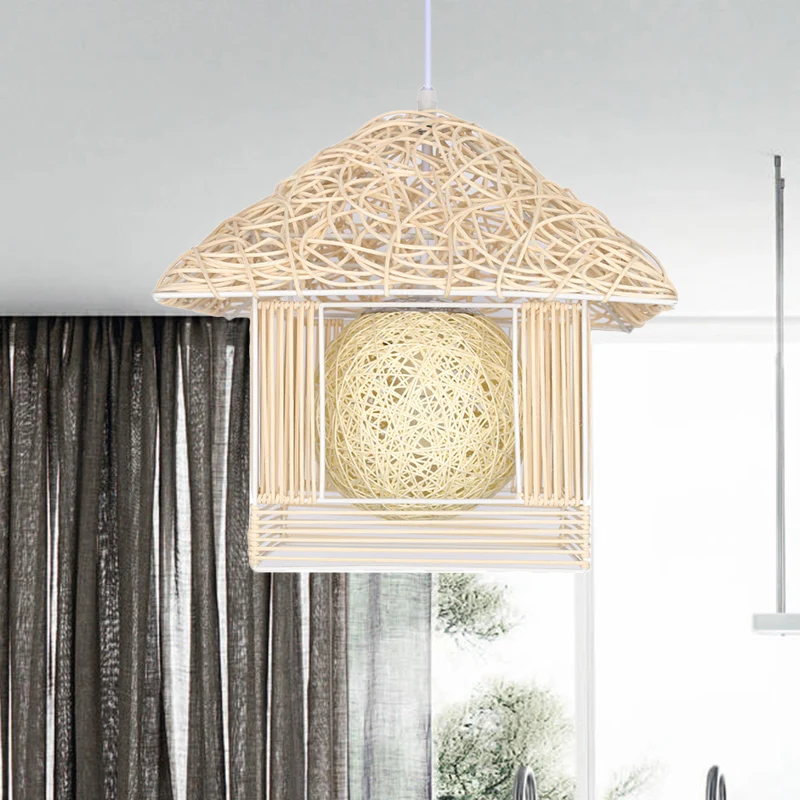 Beige/bruin/witte huisvormige hanglamp Rustiek rotan 1-kops druppellamp voor eetkamer Clearhalo