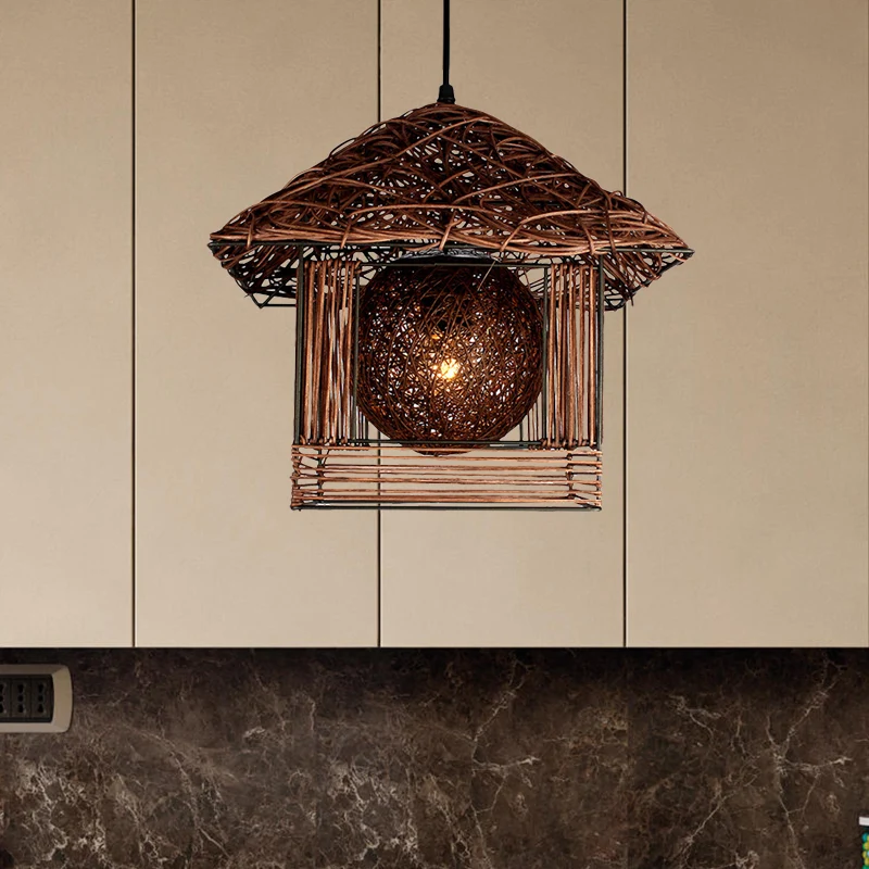 Beige/bruin/witte huisvormige hanglamp Rustiek rotan 1-kops druppellamp voor eetkamer Clearhalo