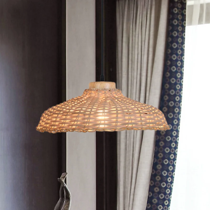 Beige/zwarte schuurschaduw hanglamp Aziatische stijl 1 licht rotan hoogte verstelbaar hangend plafondlicht, 12,5"/18" W Cl...