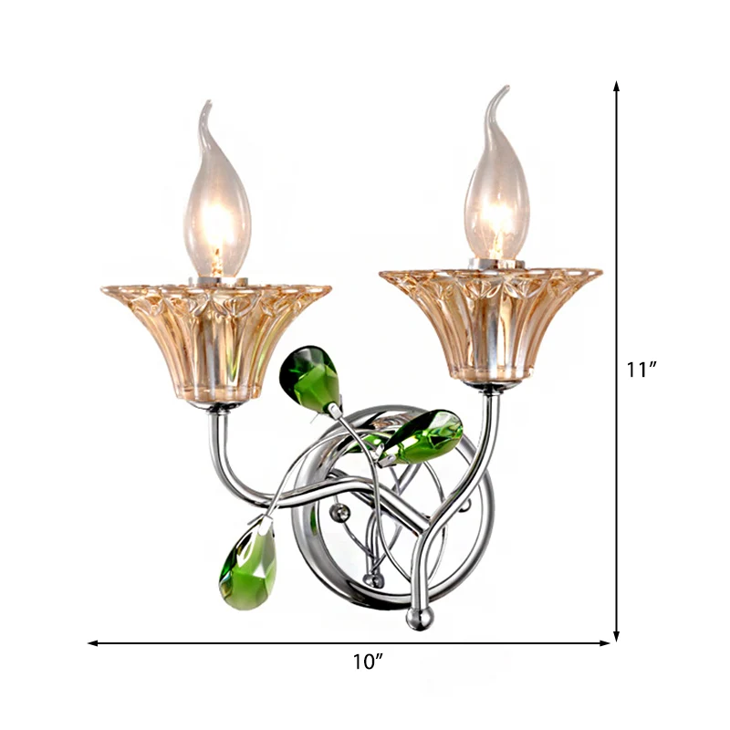 Bell Amber Glass Sconce Lamp Vintage Stijlvol 2 Lichts Chrome Wandlamp met Groen Teardrop Crystal Deco Clearhalo