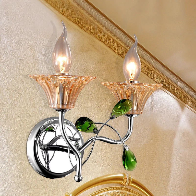 Bell Amber Glass Sconce Lamp Vintage Stijlvol 2 Lichts Chrome Wandlamp met Groen Teardrop Crystal Deco Clearhalo