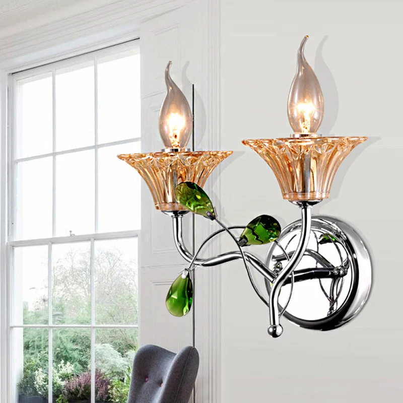 Bell Amber Glass Sconce Lamp Vintage Stijlvol 2 Lichts Chrome Wandlamp met Groen Teardrop Crystal Deco Clearhalo