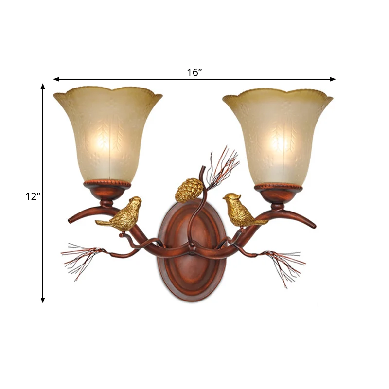 Bell amberkleurige glazen wandlamp landelijke stijl 1/2-lichts woonkamer wandkandelaar met vogelaccent koper Clearhalo