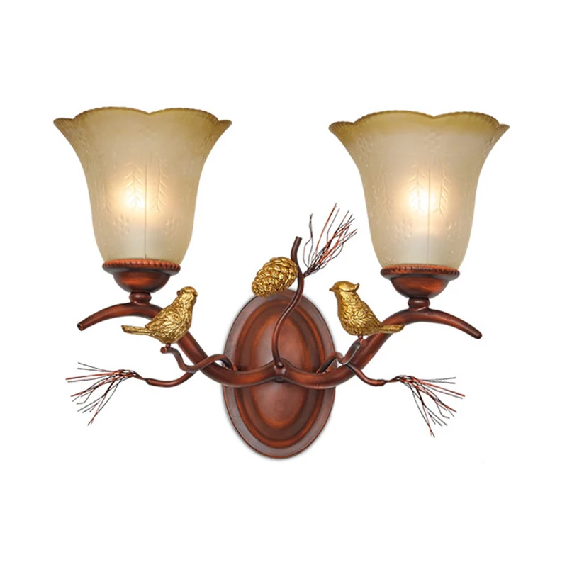 Bell amberkleurige glazen wandlamp landelijke stijl 1/2-lichts woonkamer wandkandelaar met vogelaccent koper Clearhalo