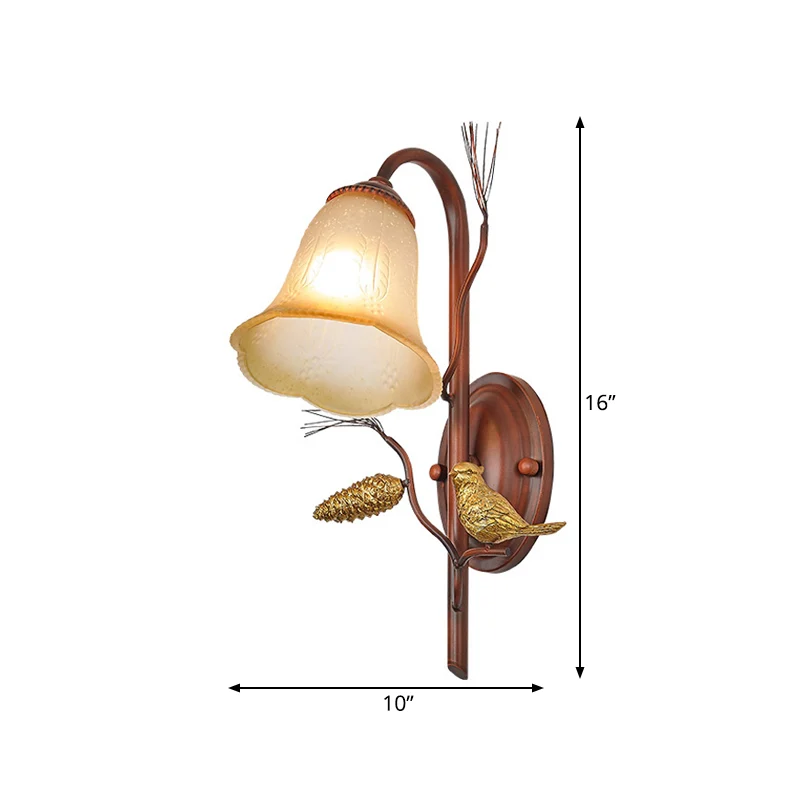 Bell amberkleurige glazen wandlamp landelijke stijl 1/2-lichts woonkamer wandkandelaar met vogelaccent koper Clearhalo