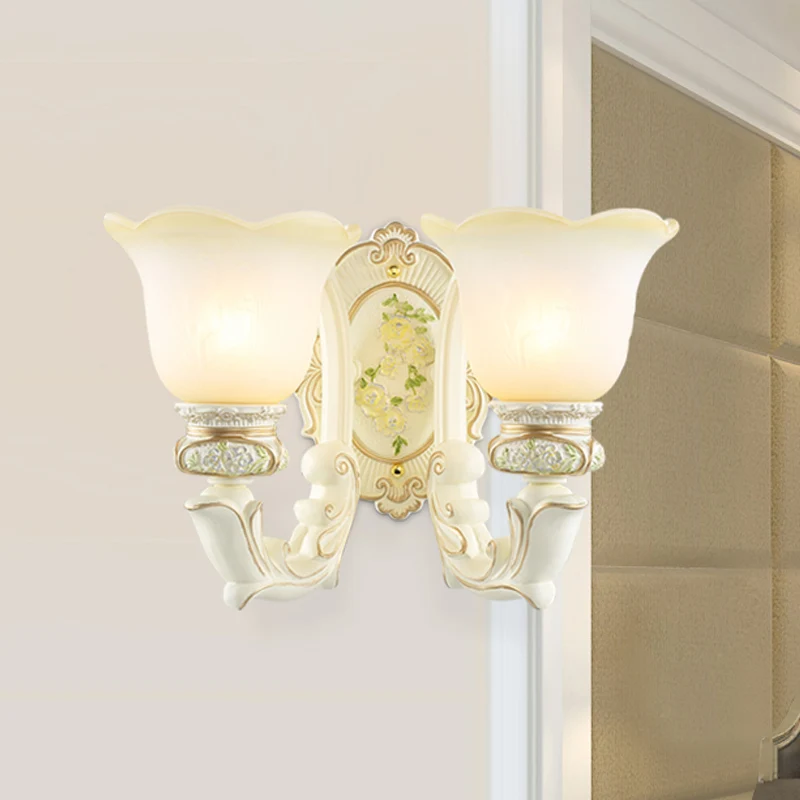 Bell Crème Glazen Wandverlichting Ideeën Vintage 2 Lampen Slaapkamer Wandkandelaar Wit Clearhalo