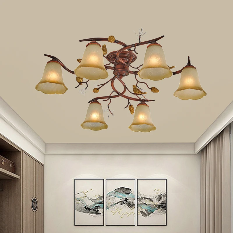 Bell Eetkamer Halfverzonken kroonluchter Landelijk amberkleurig glas 6-kops roodbruine plafondlamp met decoratieve dennena...