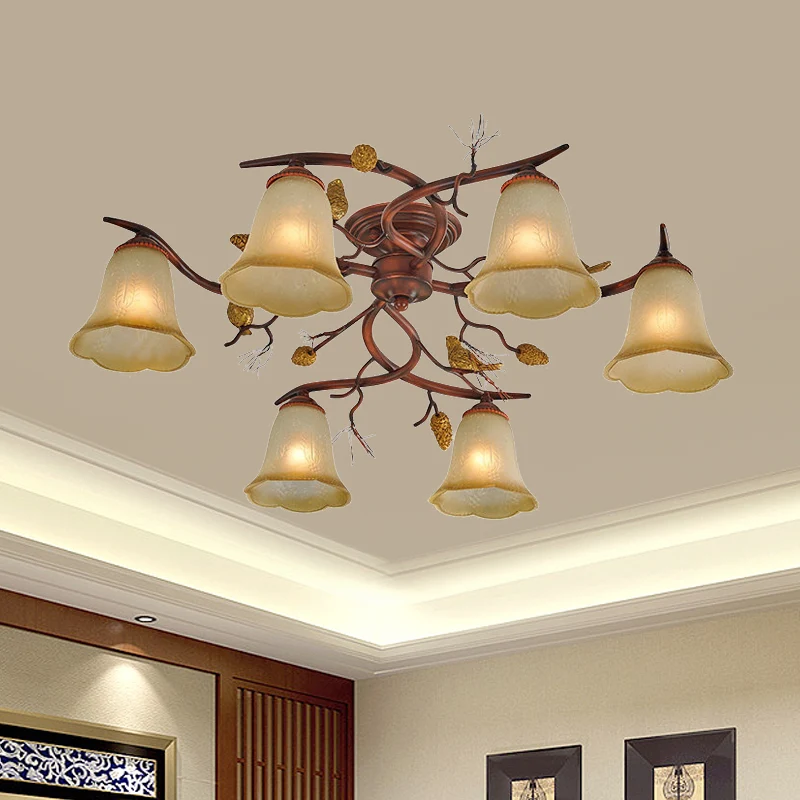Bell Eetkamer Halfverzonken kroonluchter Landelijk amberkleurig glas 6-kops roodbruine plafondlamp met decoratieve dennena...