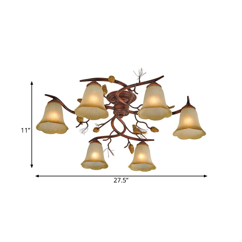 Bell Eetkamer Halfverzonken kroonluchter Landelijk amberkleurig glas 6-kops roodbruine plafondlamp met decoratieve dennena...