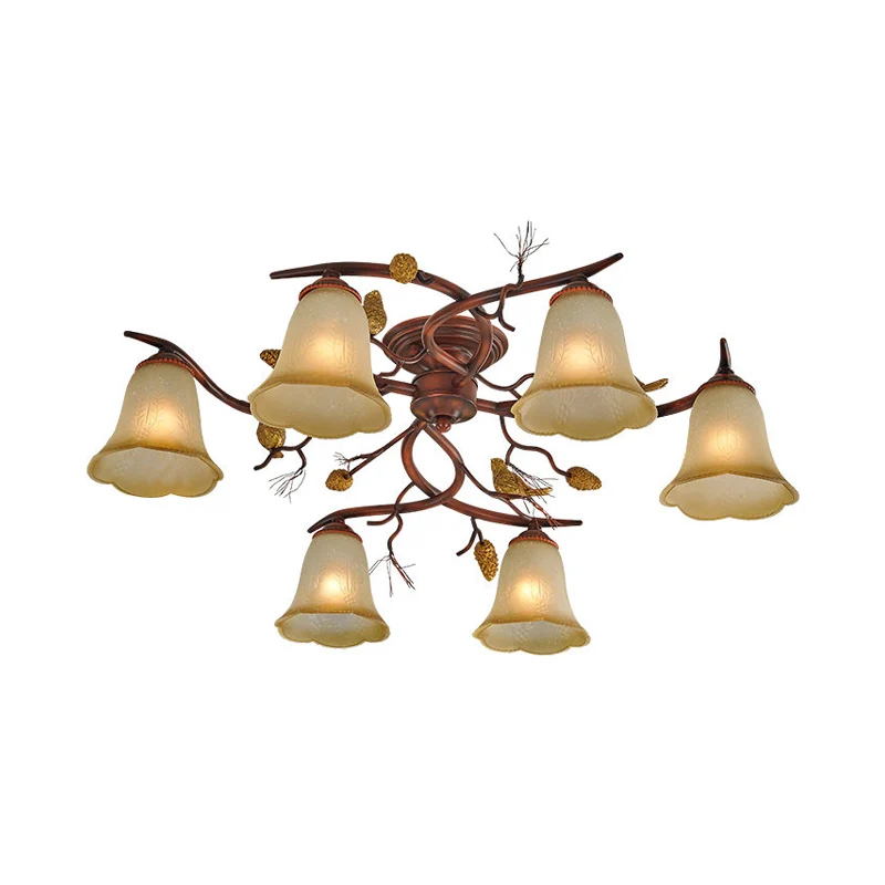 Bell Eetkamer Halfverzonken kroonluchter Landelijk amberkleurig glas 6-kops roodbruine plafondlamp met decoratieve dennena...