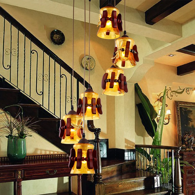 Bell Geel Crackle Glass Cluster Hanglamp Klassiek 6-lichts Restaurant Houten Hangende Plafondlamp Bruin Clearhalo
